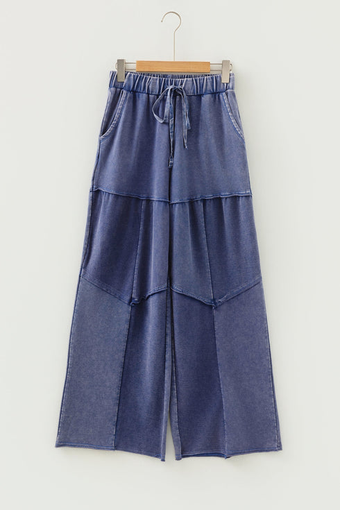 Washed Tiered Patchwork Drawstring Wide Leg Pants