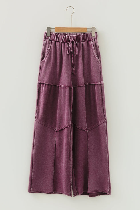 Washed Tiered Patchwork Drawstring Wide Leg Pants