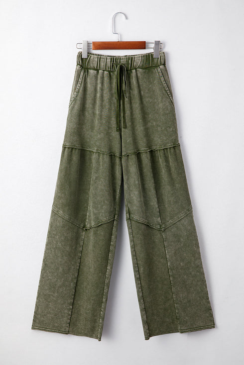 Washed Tiered Patchwork Drawstring Wide Leg Pants
