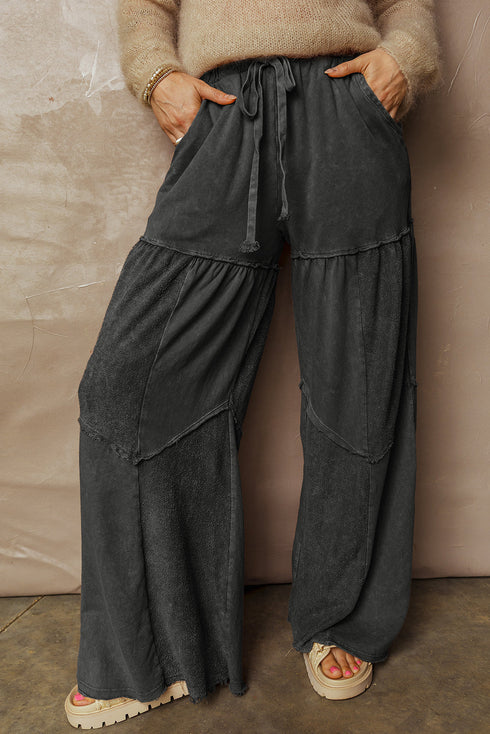 Washed Tiered Patchwork Drawstring Wide Leg Pants