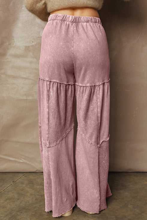 Washed Tiered Patchwork Drawstring Wide Leg Pants