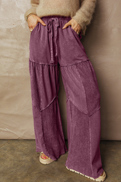 Washed Tiered Patchwork Drawstring Wide Leg Pants
