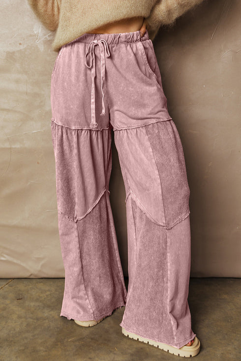 Washed Tiered Patchwork Drawstring Wide Leg Pants