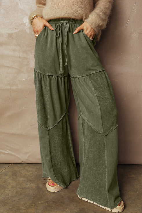 Washed Tiered Patchwork Drawstring Wide Leg Pants