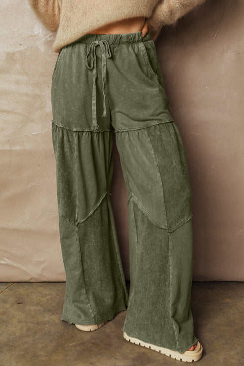 Washed Tiered Patchwork Drawstring Wide Leg Pants