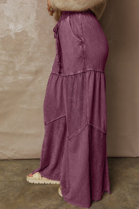 Washed Tiered Patchwork Drawstring Wide Leg Pants