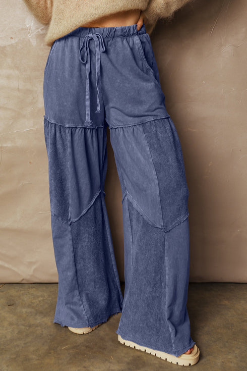 Washed Tiered Patchwork Drawstring Wide Leg Pants