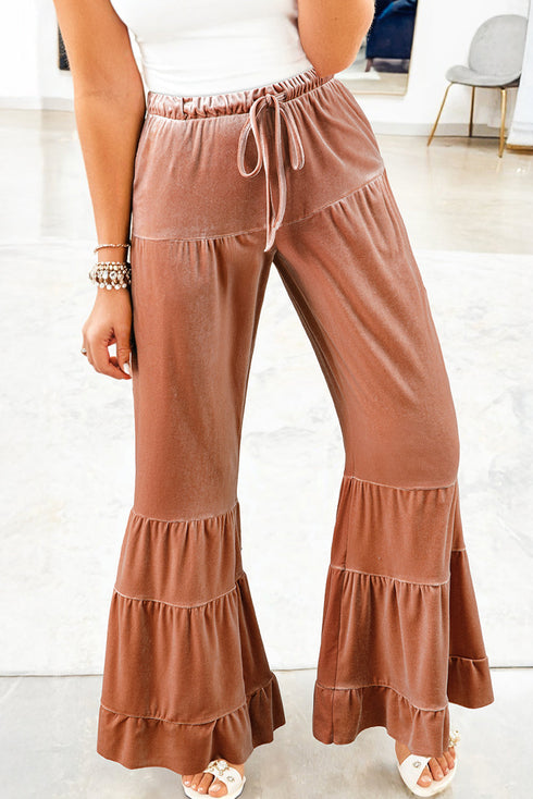 Washed Velvet Western Lace Up Tiered Flare Pants