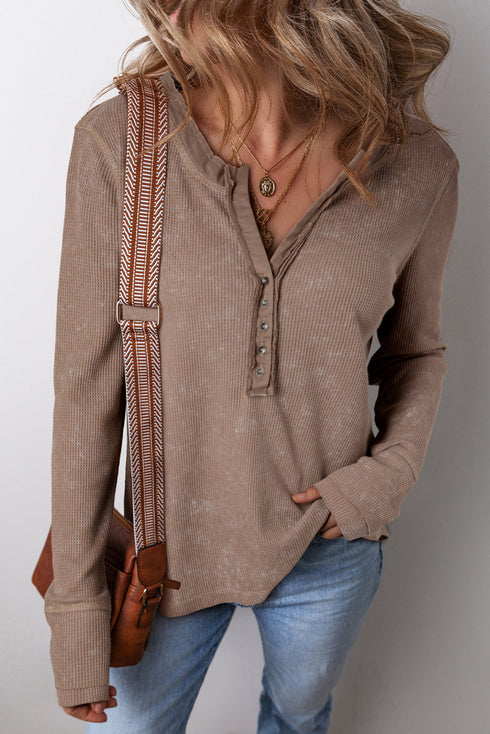 Washed Waffle Knit Buttoned Neckline Casual Long Sleeve Top