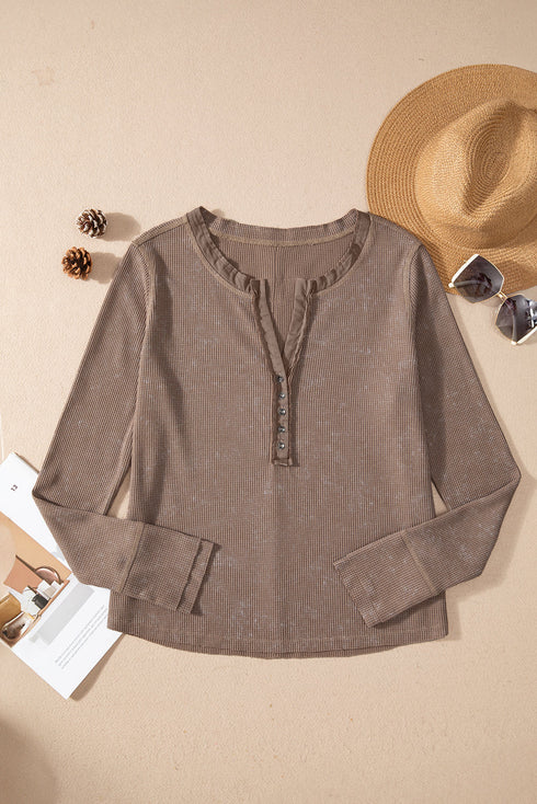 Washed Waffle Knit Buttoned Neckline Casual Long Sleeve Top