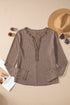 Washed Waffle Knit Buttoned Neckline Casual Long Sleeve Top