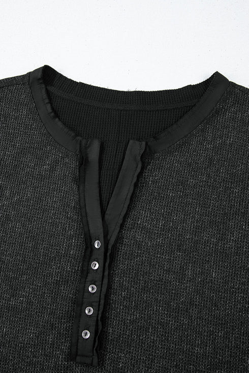 Washed Waffle Knit Buttoned Neckline Casual Long Sleeve Top