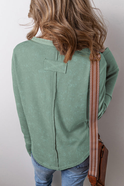 Washed Waffle Knit Buttoned Neckline Casual Long Sleeve Top