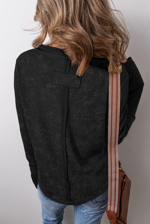 Washed Waffle Knit Buttoned Neckline Casual Long Sleeve Top