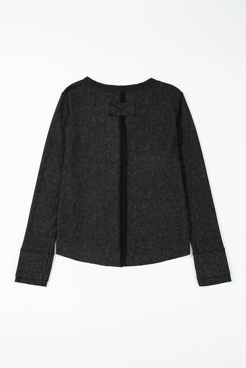 Washed Waffle Knit Buttoned Neckline Casual Long Sleeve Top