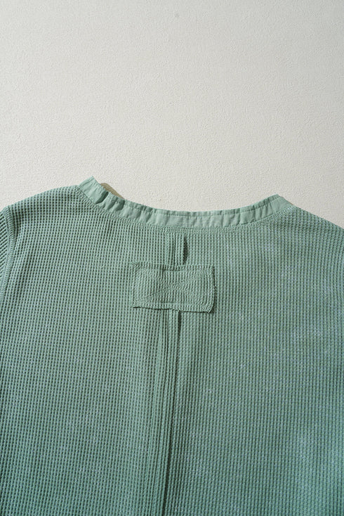 Washed Waffle Knit Buttoned Neckline Casual Long Sleeve Top