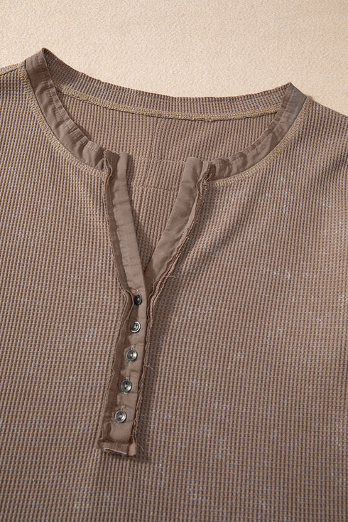 Washed Waffle Knit Buttoned Neckline Casual Long Sleeve Top
