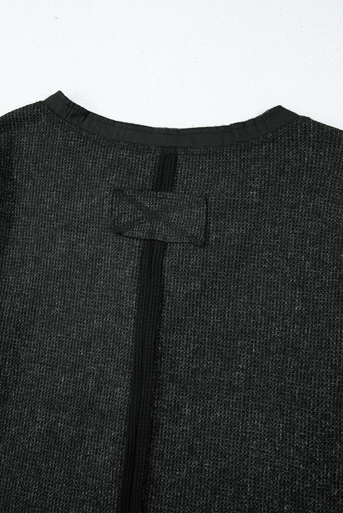 Washed Waffle Knit Buttoned Neckline Casual Long Sleeve Top