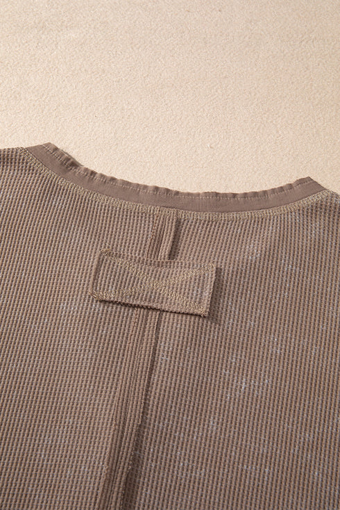 Washed Waffle Knit Buttoned Neckline Casual Long Sleeve Top
