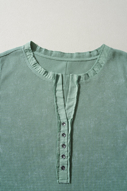 Washed Waffle Knit Buttoned Neckline Casual Long Sleeve Top