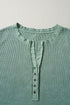 Washed Waffle Knit Buttoned Neckline Casual Long Sleeve Top