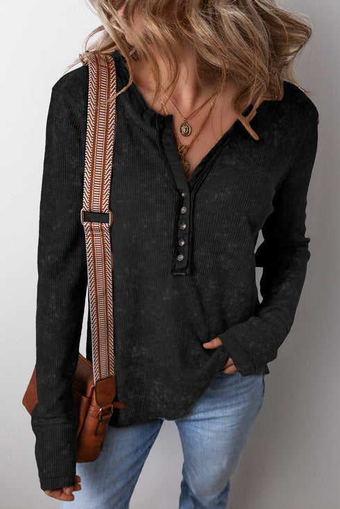 Washed Waffle Knit Buttoned Neckline Casual Long Sleeve Top