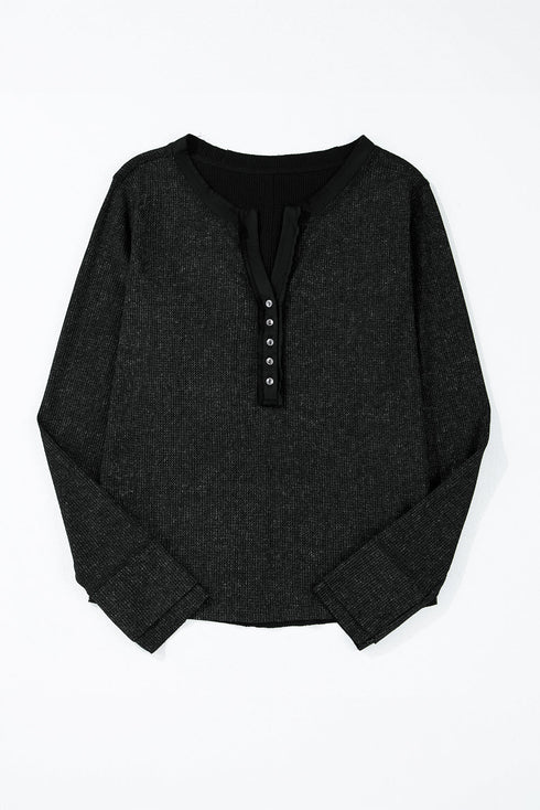 Washed Waffle Knit Buttoned Neckline Casual Long Sleeve Top