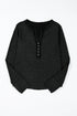Washed Waffle Knit Buttoned Neckline Casual Long Sleeve Top