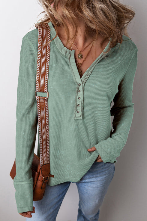 Washed Waffle Knit Buttoned Neckline Casual Long Sleeve Top