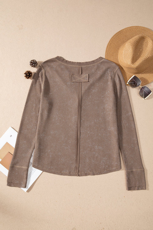 Washed Waffle Knit Buttoned Neckline Casual Long Sleeve Top