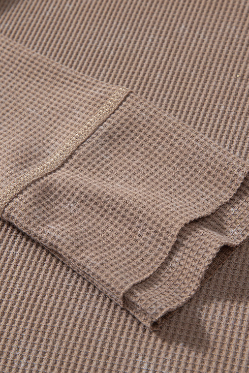 Washed Waffle Knit Buttoned Neckline Casual Long Sleeve Top