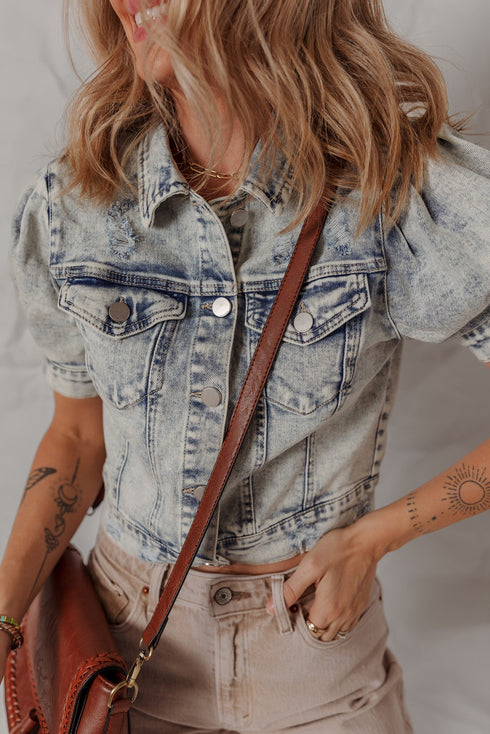Washed Western Buttoned Chest Pocket Puff Sleeve Denim Jacket