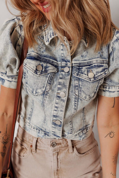 Washed Western Buttoned Chest Pocket Puff Sleeve Denim Jacket