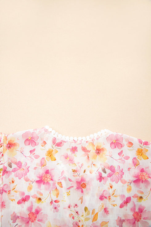 Watercolor Floral Print Tassel Tie Smocked Peasant Tunic Blouse