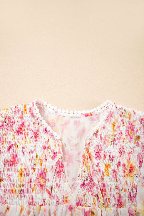 Watercolor Floral Print Tassel Tie Smocked Peasant Tunic Blouse