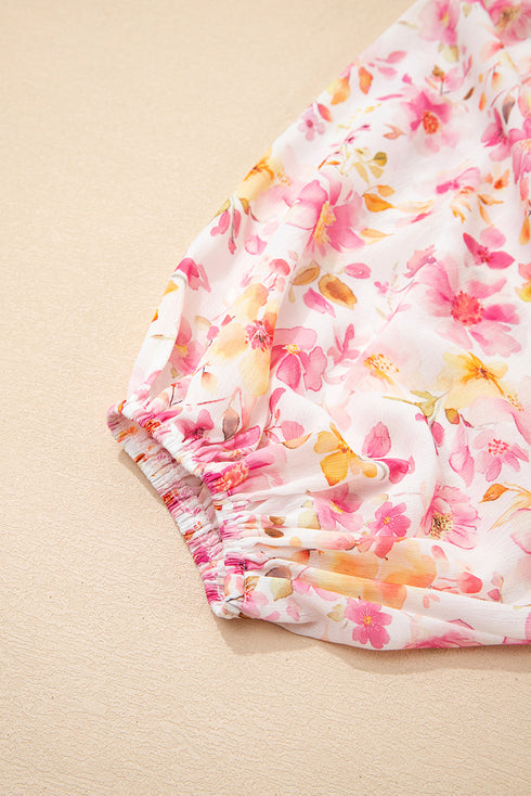 Watercolor Floral Print Tassel Tie Smocked Peasant Tunic Blouse