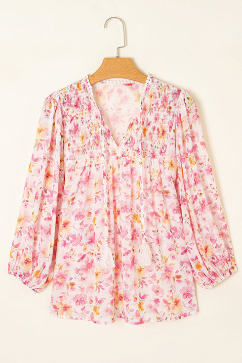 Watercolor Floral Print Tassel Tie Smocked Peasant Tunic Blouse