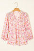 Watercolor Floral Print Tassel Tie Smocked Peasant Tunic Blouse