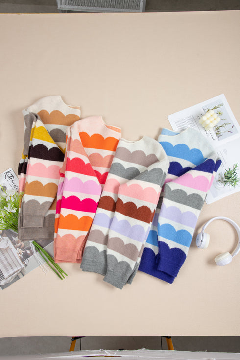 Wave Striped Balloon Sleeve Drop Shoulder Sweater