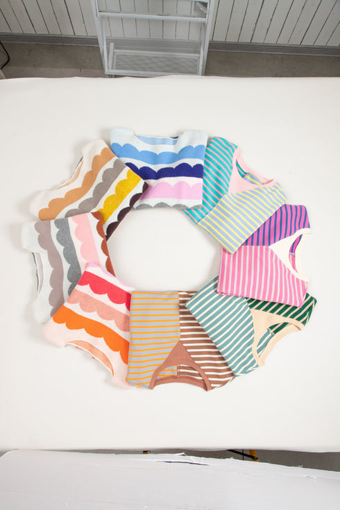 Wave Striped Balloon Sleeve Drop Shoulder Sweater