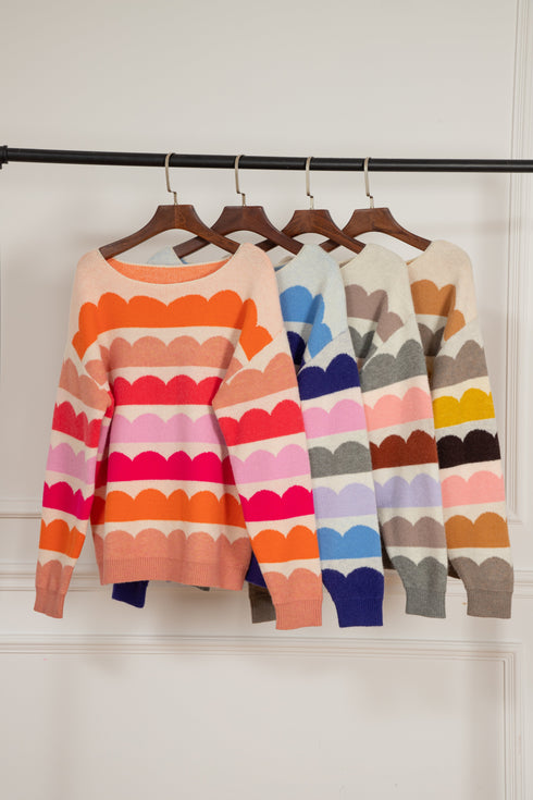 Wave Striped Balloon Sleeve Drop Shoulder Sweater