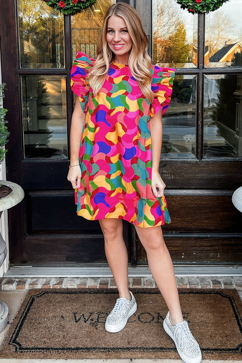 Wavy Abstract Print Ruffle Sleeve Shift Dress