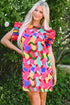 Wavy Abstract Print Ruffle Sleeve Shift Dress