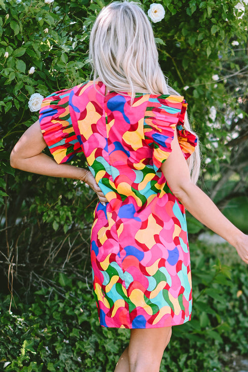 Wavy Abstract Print Ruffle Sleeve Shift Dress