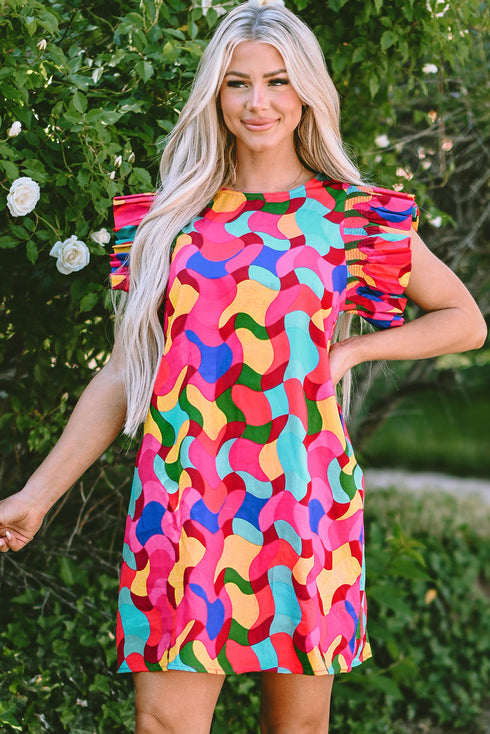 Wavy Abstract Print Ruffle Sleeve Shift Dress