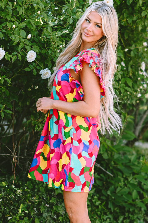 Wavy Abstract Print Ruffle Sleeve Shift Dress
