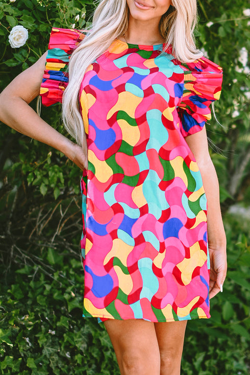 Wavy Abstract Print Ruffle Sleeve Shift Dress