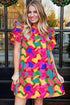 Wavy Abstract Print Ruffle Sleeve Shift Dress