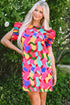 Wavy Abstract Print Ruffle Sleeve Shift Dress