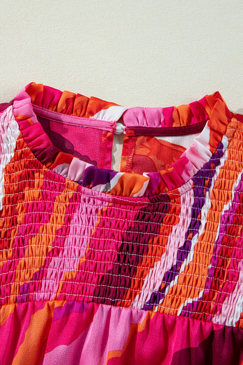 Wavy Abstract Print Shirred High Neck Ruffle Sleeve Blouse